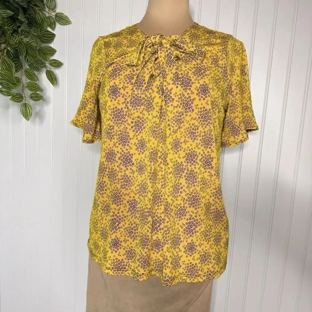 Michael Kors Sz M Floral Tie Flare Sleeve Popover Tunic Blouse Shirt Gold HW